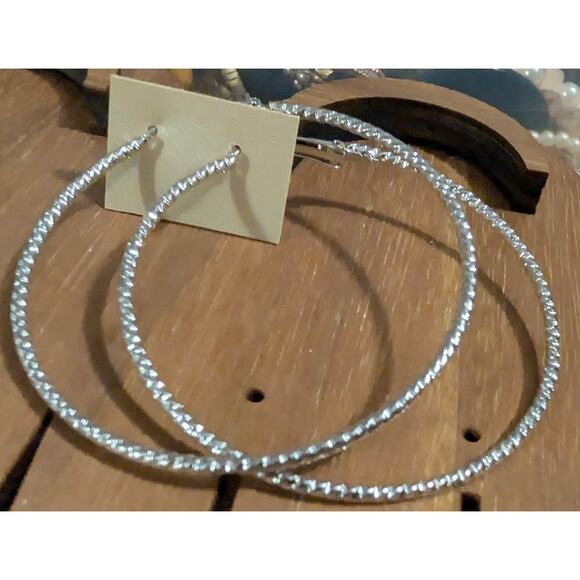 BUNDLE ONLY New Silver Tone Pierced Earrings 2.25 inch Hoops Textured Edges - Picture 3 of 3